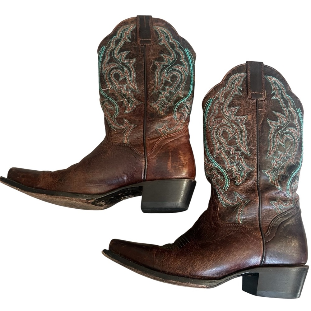 J.B. Dillon Goat Leather Brown & Turquoise Blue Cowboy/Cowgirl Boots Size 7.5 - Picture 7 of 13